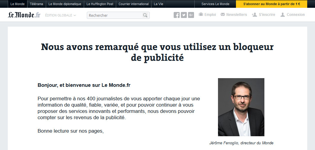 Le Monde recherche les bloqueurs de publicités.