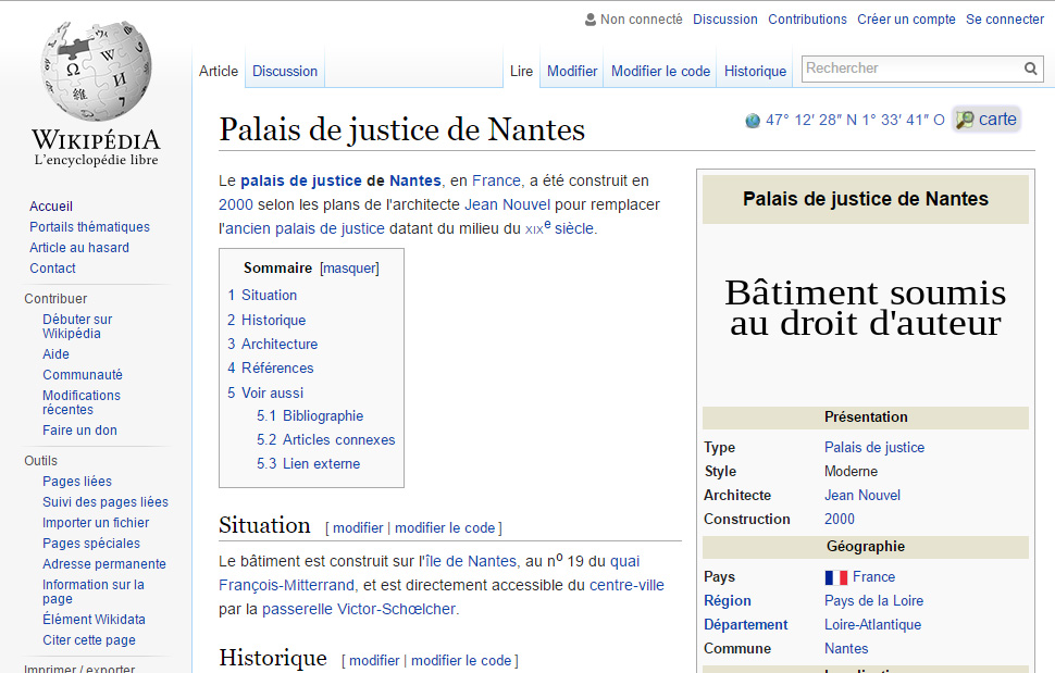 Proposer une photographie du Palais de Justice de Nantes (œuvre de Jean Nouvel) à Wikipédia pourrait vous y conduire, en tant qu'accusé.
