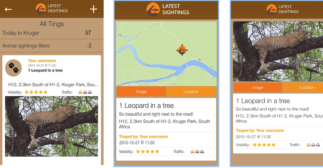 Latest Sightings, l'une des applications Android qui permet de suivre les animaux dans le parc Kruger.