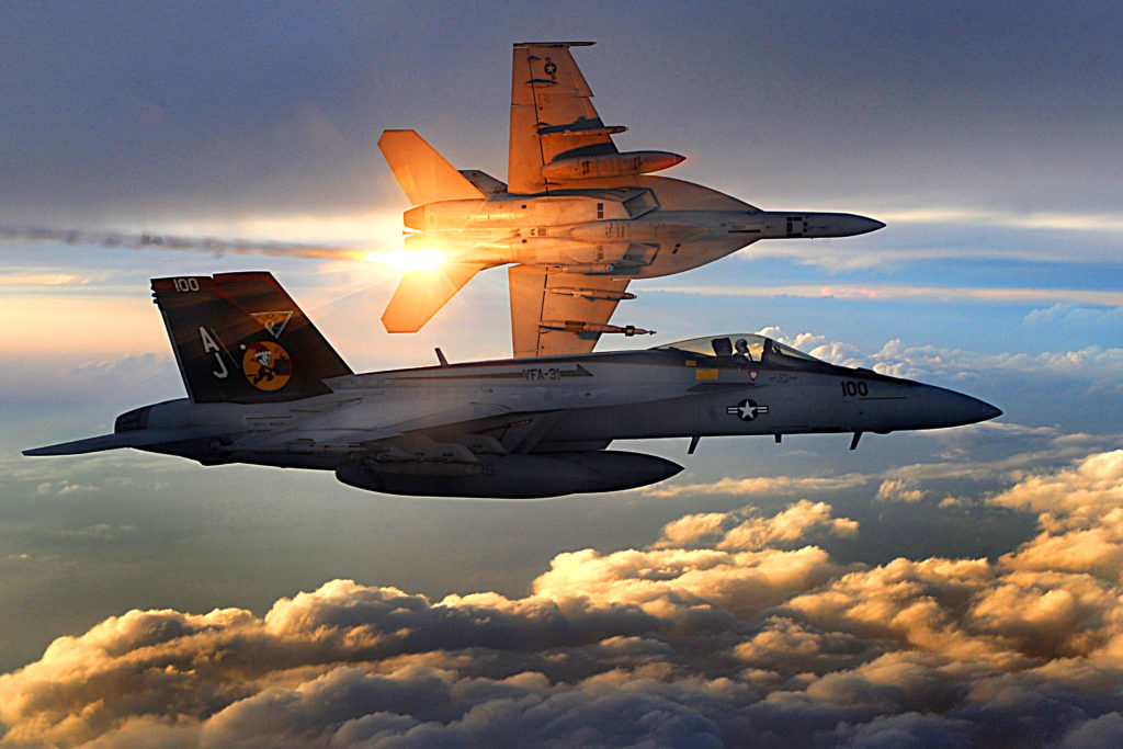 081215-F-7823A-285 Two U.S. Navy F/A-18 Super Hornets from Strike Fighter Squadron 31 fly a combat patrol over Afghanistan on Dec. 15, 2008. DoD photo by Staff Sgt. Aaron Allmon, U.S. Air Force. (Released)