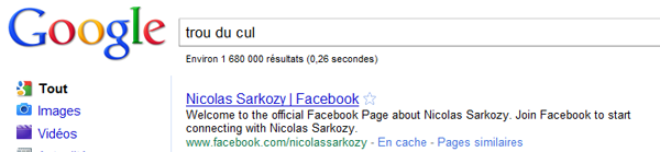 Le « trou du cul » de Sarkozy de retour sur Google grâce à ses équipes de communication ?