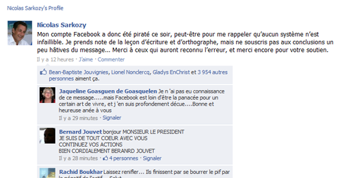 Nicolas Sarkozy dédramatise le piratage de son compte Facebook
