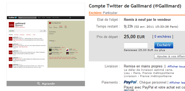 Le compte Twitter Gallimard mis en vente sur eBay (MAJ)