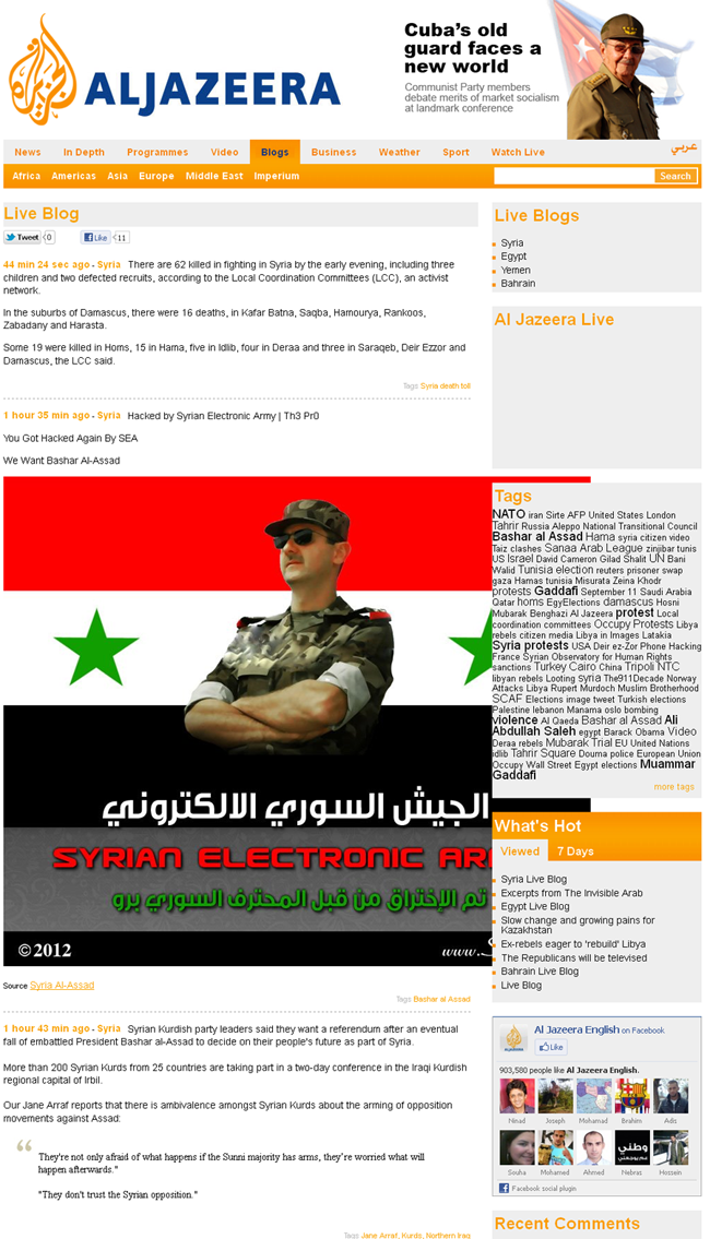 Le site d&rsquo;Al Jazeera défiguré par des partisans de Bachar el-Assad