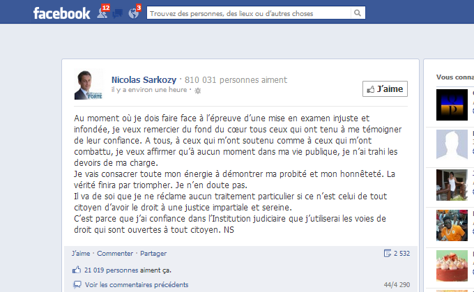 Sarkozy choisit Facebook pour réagir à sa mise en examen