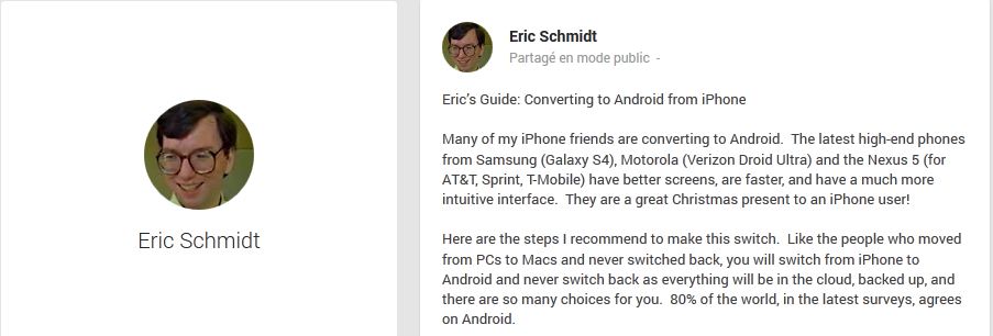 Eric Schmidt (Google) explique comment migrer d&rsquo;iOS vers Android