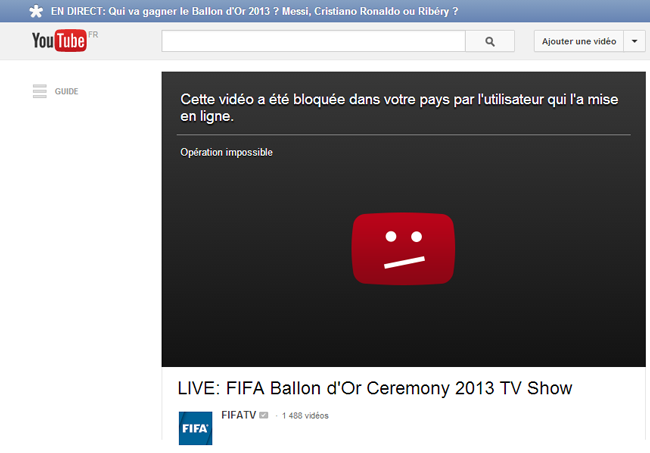 YouTube met en avant en France un live Ballon d&rsquo;Or FIFA bloqué en France
