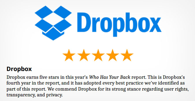 Dropbox applaudi par l&rsquo;EFF pour sa protection des utilisateurs