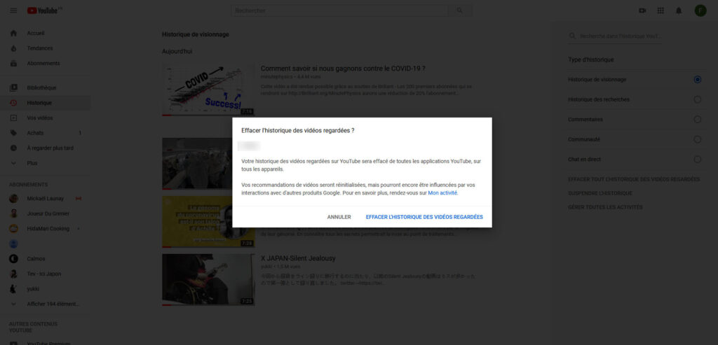 effacer historique youtube