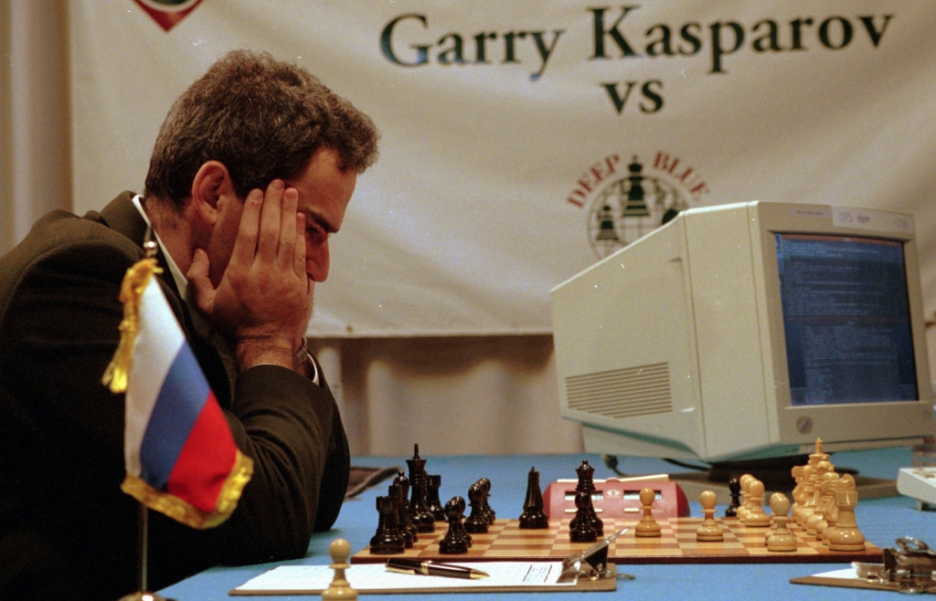 Garry Kasparov ponders his chess moves during his third game with IBM's Deep Blue Tuesday, Feb.13, 1996 at the Convention Center in Philadelphia. Wednesday's game ended in a draw, but Kasparov ended up winning the final game and series 4-2 against the supercomputer. "Fighting this computer has changed the way I--and I imagine most others--will approach the game in the future," he said after winning the final game Saturday night. (AP Photo/George Widman)