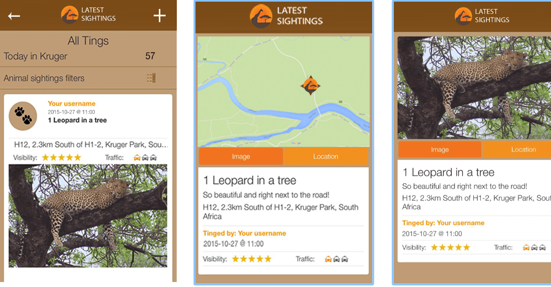 Latest Sightings, l'une des applications Android qui permet de suivre les animaux dans le parc Kruger. 