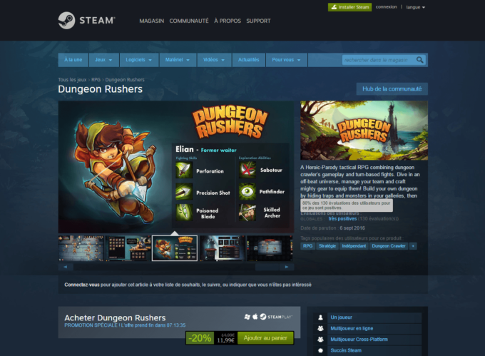 Dungeon Rushers passe de 84% à 80% d'avis positifs sur Steam