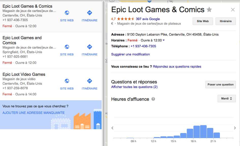 screenshot des differentes adresses et numeros de telephone de epic loot games sur google - contacter fortnite par telephone