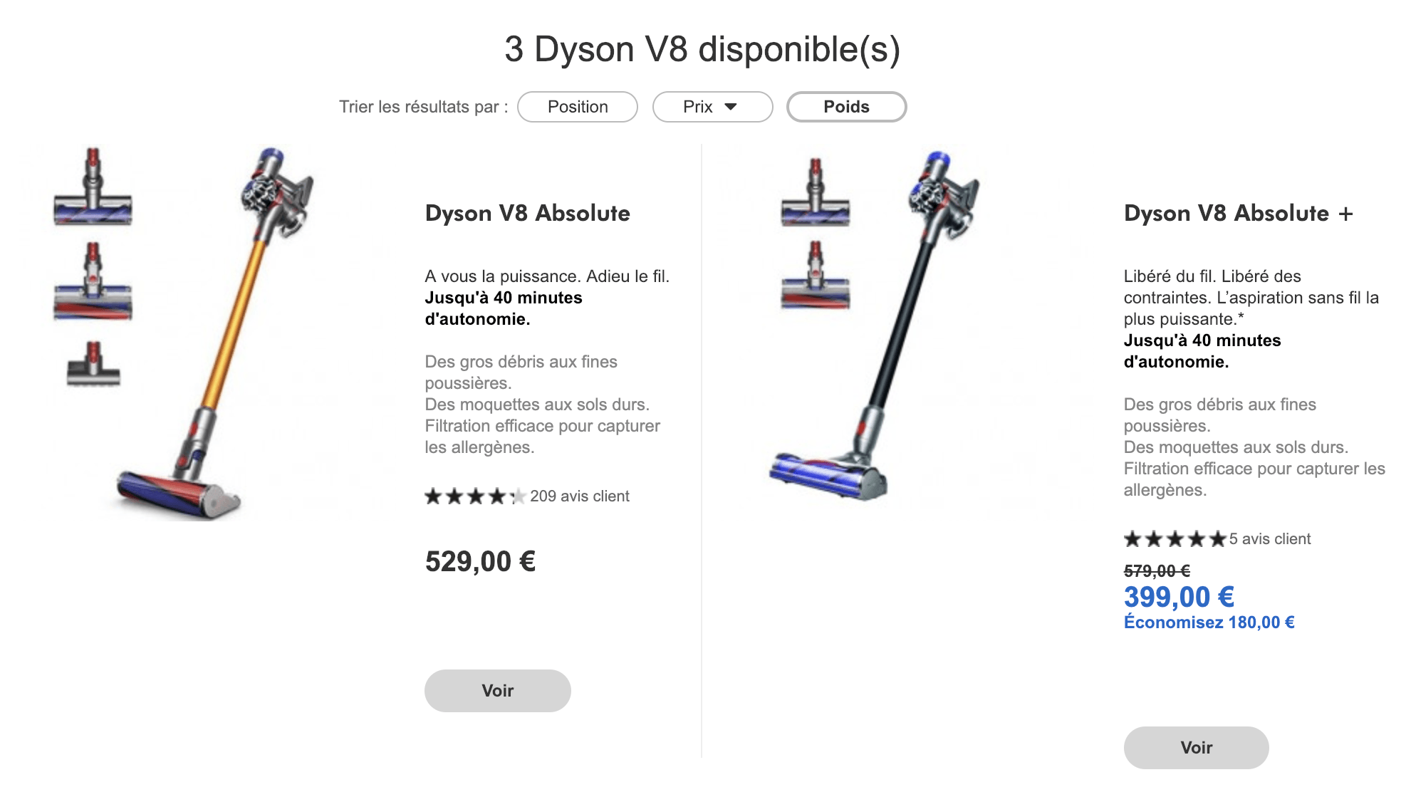 Comparatif de l'aspirateur balai Dyson V8 et du Dyson V10.