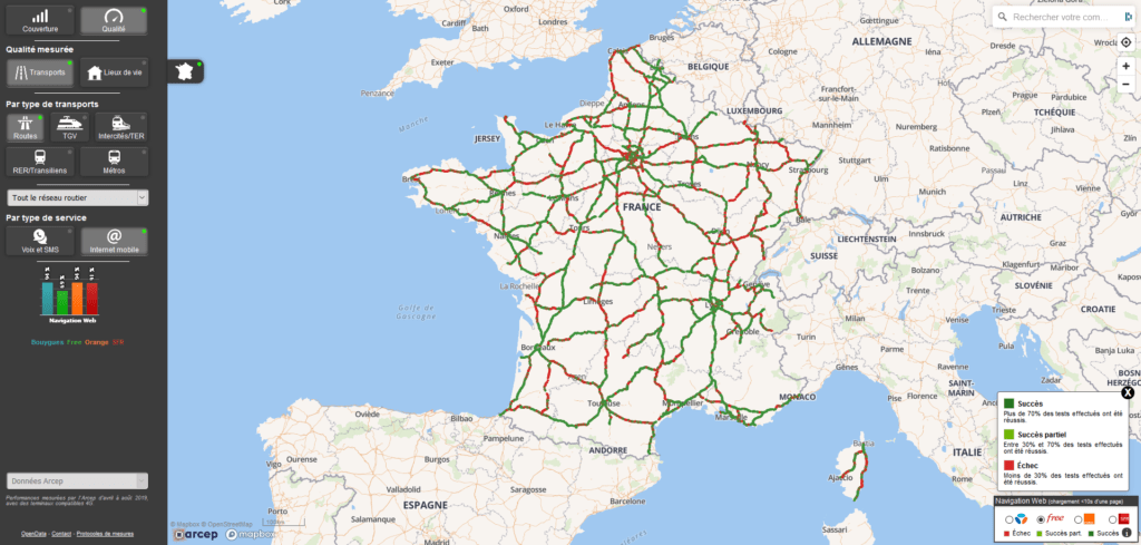 Niveau de couverture en Internet mobile pour les principales routes françaises
