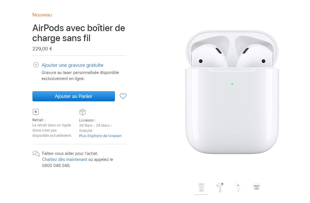 AirPods avec boîtier de charge sans fil