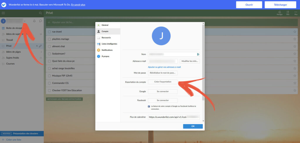 export compte Wunderlist