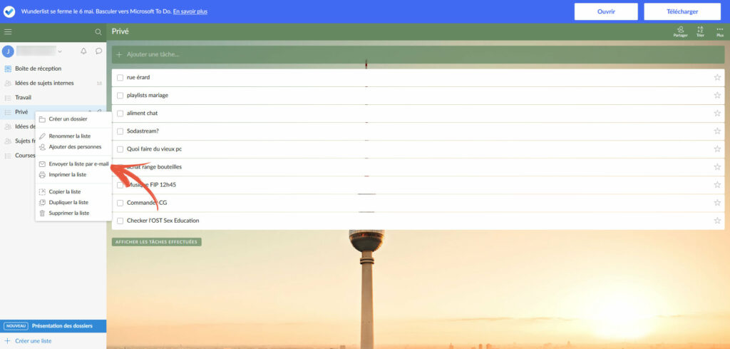 Wunderlist envoi par mail