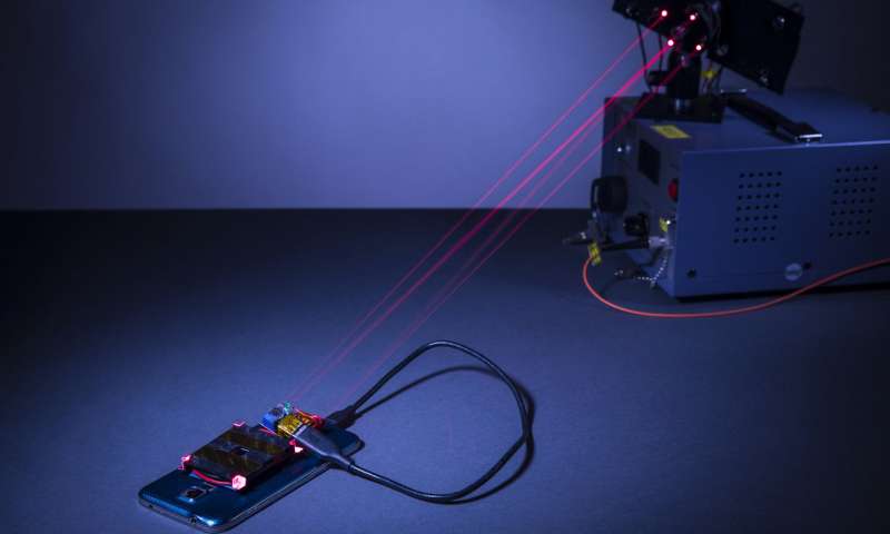 Photo du dispositif qui permet de recharger le smartphone grâce à des lasers, à distance.