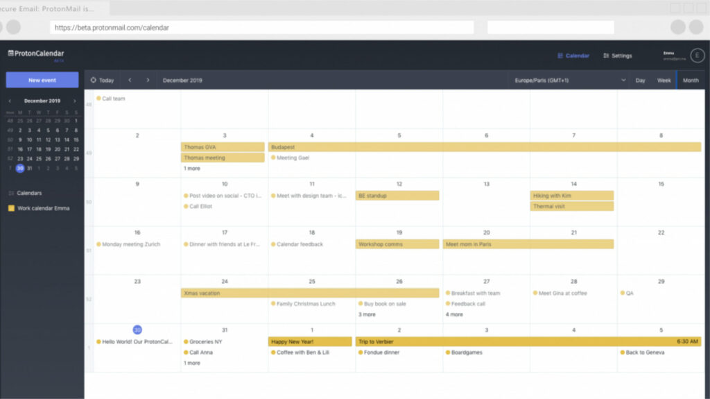 La vue web de Proton Calendar