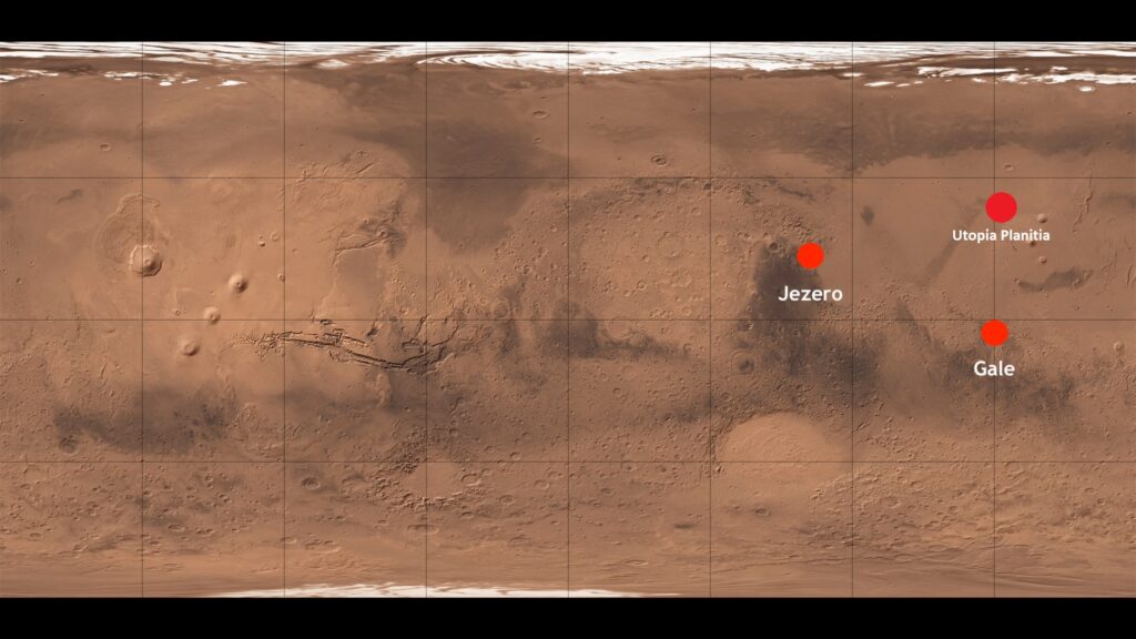 Carte de Mars avec Curiosity, Perseverance et Zhurong
