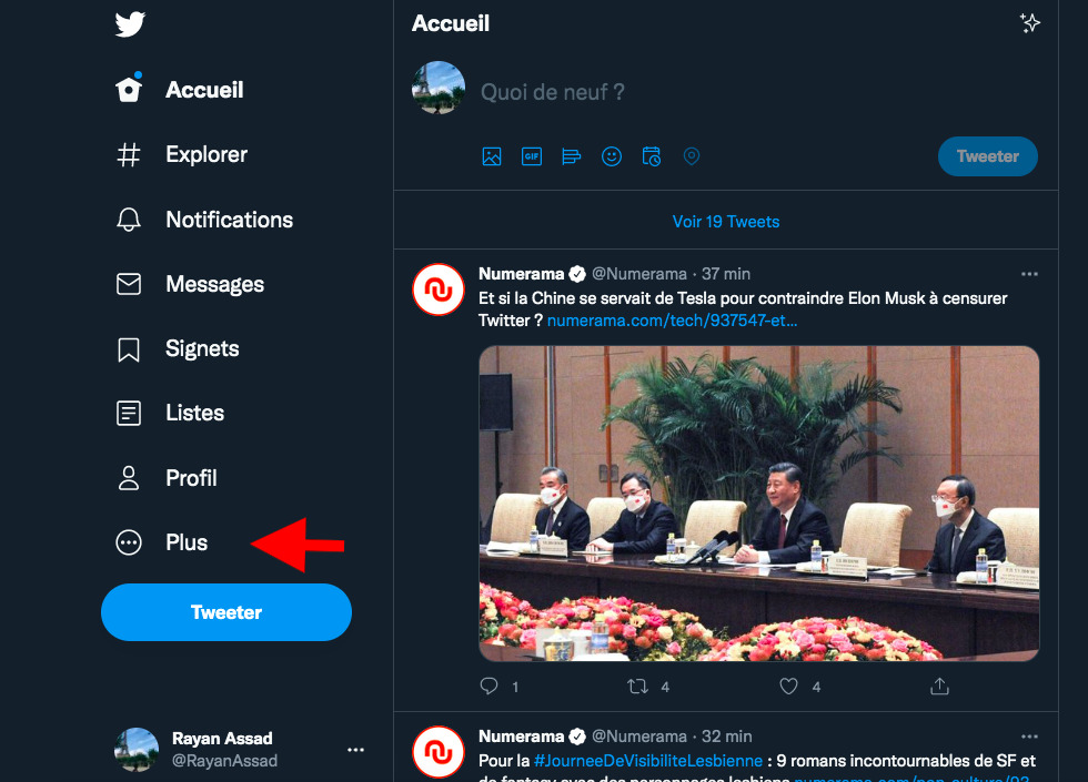 Option « Plus » dans le menu de Twitter