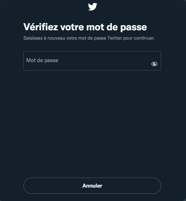 Écran où renseigner son mot de passe Twitter